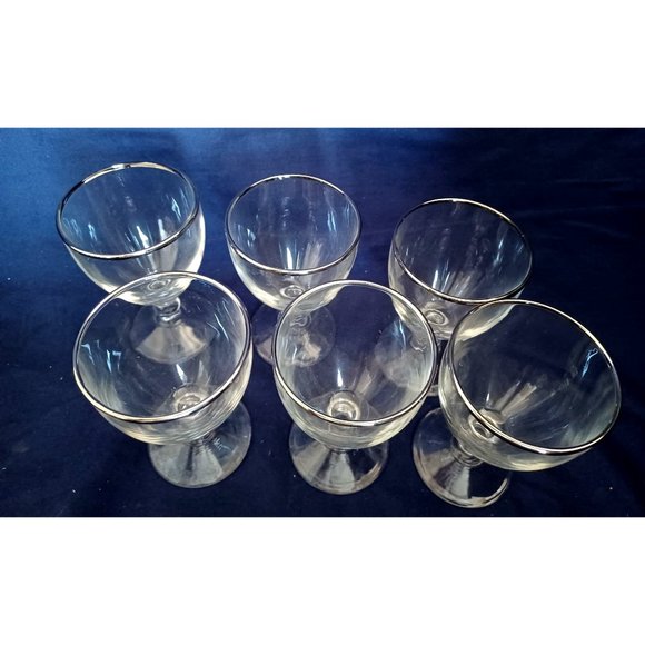 Vintage Set of 6 Silver Rimmed Crystal 8oz wine Bar Liquer Glasses Stemmed - Picture 4 of 7
